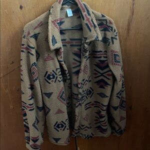 Men's Lightweight Aztec Fleece Shirt Jacket - Tan with Navy & Burgundy